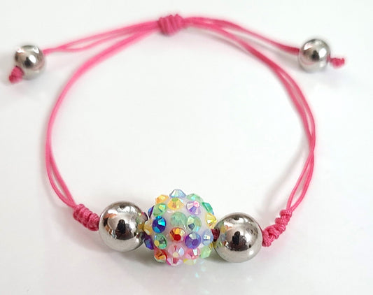 Adjustable Sparkly Globe Beaded Pink Cord Bracelet