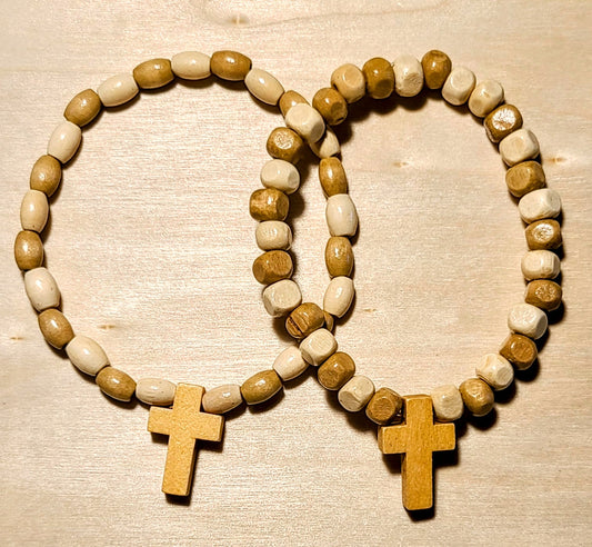 Wood Beaded Bracelet with Cross - Natural and Medium Tones Alternating Beads