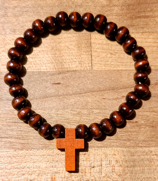 Wood Beaded Bracelet with Cross Mahogany Tone