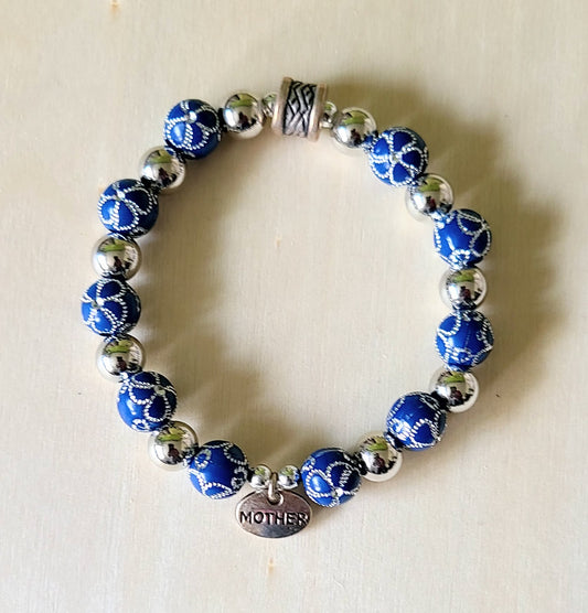Silver and Blue-Flowered Beaded "Mother" Bracelet