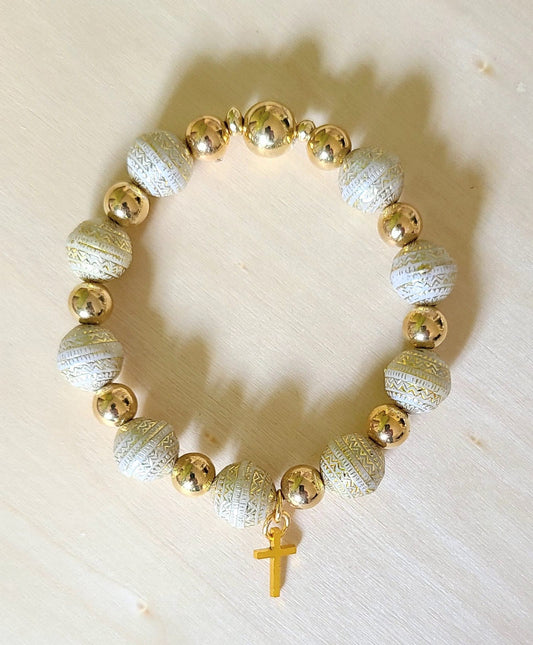 Gold and Eclectic Design Beaded Bracelet w/ Cross Charm